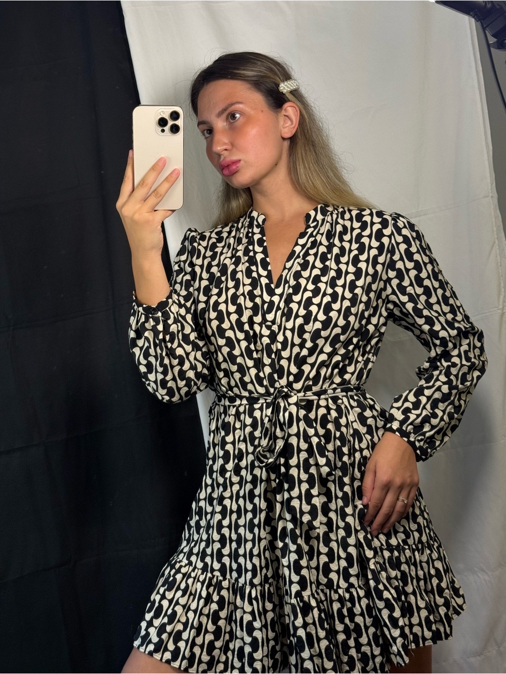 Zara Black & White Geometric Tie-Waist Long Sleeve Dress